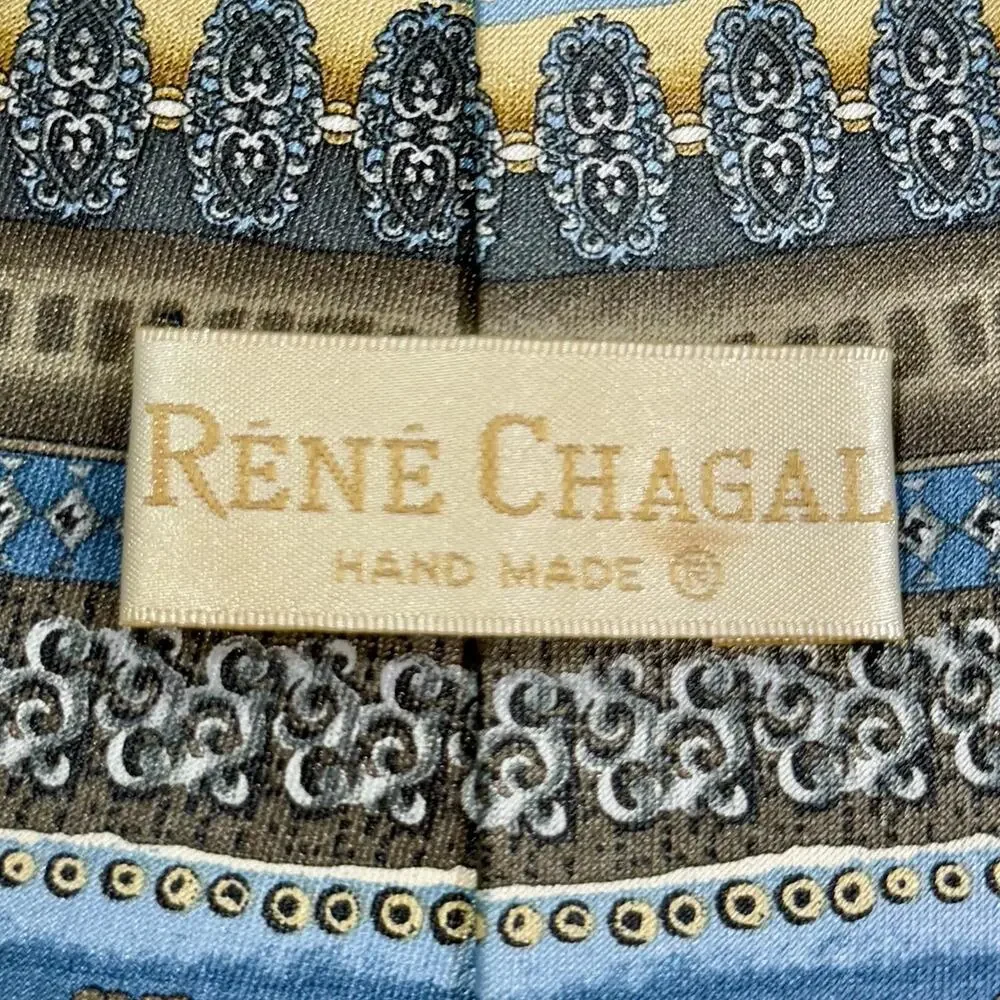Rene Chagal Handmade Baroque Stripe Tie Blue Gray‎ Taupe Gold Ornate Classic
